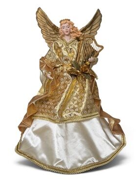 Victorian Gold Large Christmas Angel Tree Topper with Harp 17.5”H